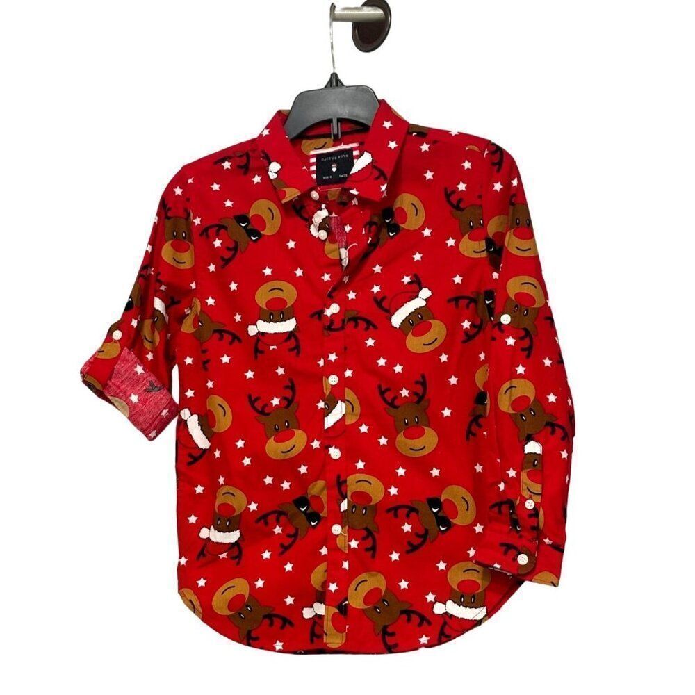 Cactus Boys Kid''s Tabbed Sleeve Button Down Reindeer Christmas Shirt, Red